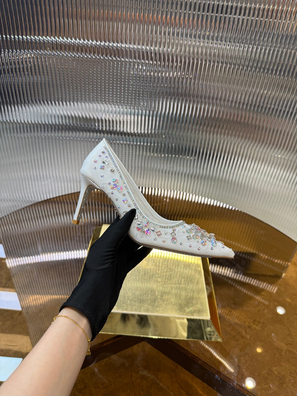 RC 25C Crystal Pearl Gem Lace High Heels White Sheepskin 275753