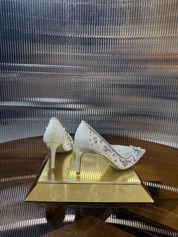 RC 25C Crystal Pearl Gem Lace High Heels White Sheepskin 275753