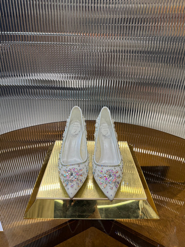 RC 25C Crystal Pearl Gem Lace High Heels White Sheepskin 275753