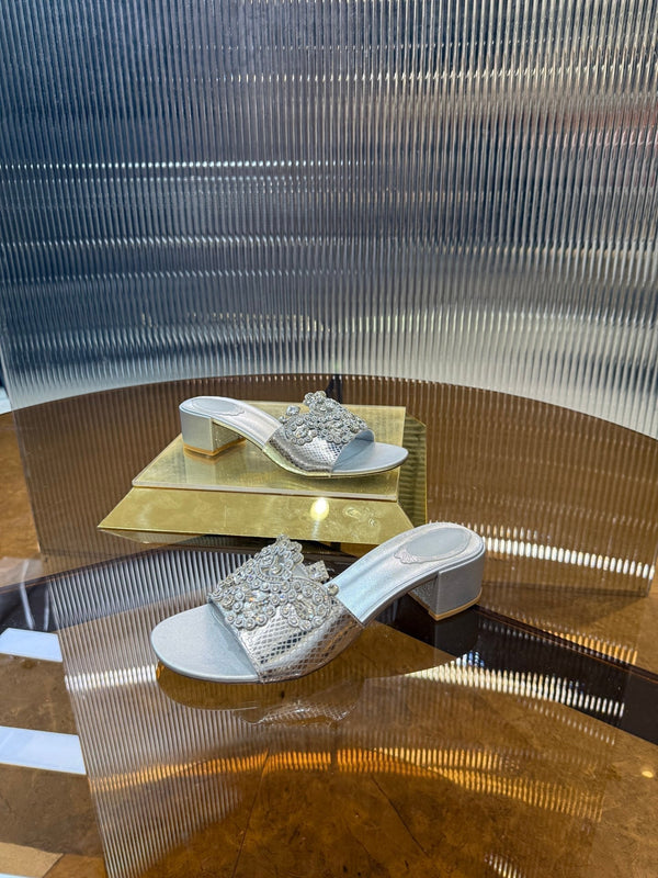 RC 25C Slippers 4.5cm Silver Sheepskin Rhinestones 310641