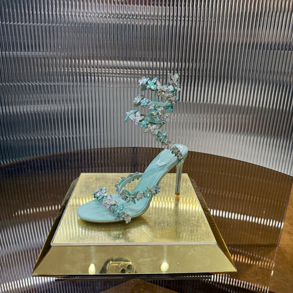 RC 25C Butterfly Flower Sandals Green Sheepskin Rhinestones 310659