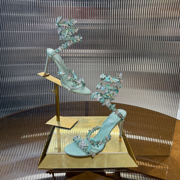 RC 25C Butterfly Flower Sandals Green Sheepskin Rhinestones 310659