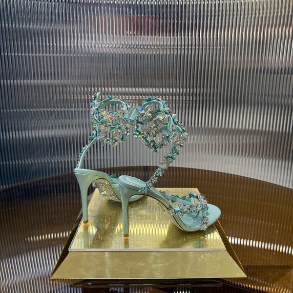 RC 25C Butterfly Flower Sandals Green Sheepskin Rhinestones 310659