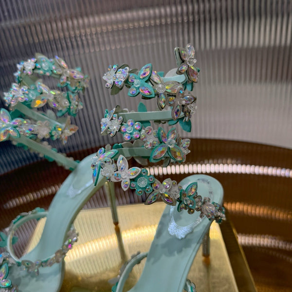 RC 25C Butterfly Flower Sandals Green Sheepskin Rhinestones 310659