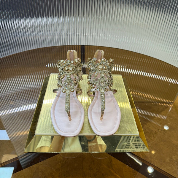 RC 25C Thong Diamond Sandals Pink Gold Sheepskin Rhinestone 339505