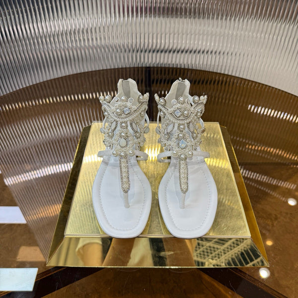 RC 25C Thong Diamond Sandals Pearl White Sheepskin Rhinestone 339504