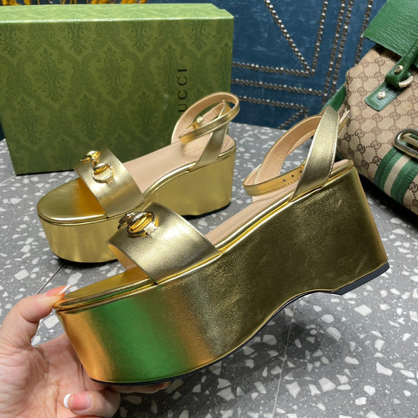 GG HORSEBIT FLATFORM SANDAL METALLIC GOLD CALFSKIN