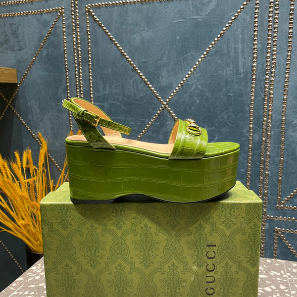 GG HORSEBIT FLATFORM SANDAL GREEN CALFSKIN