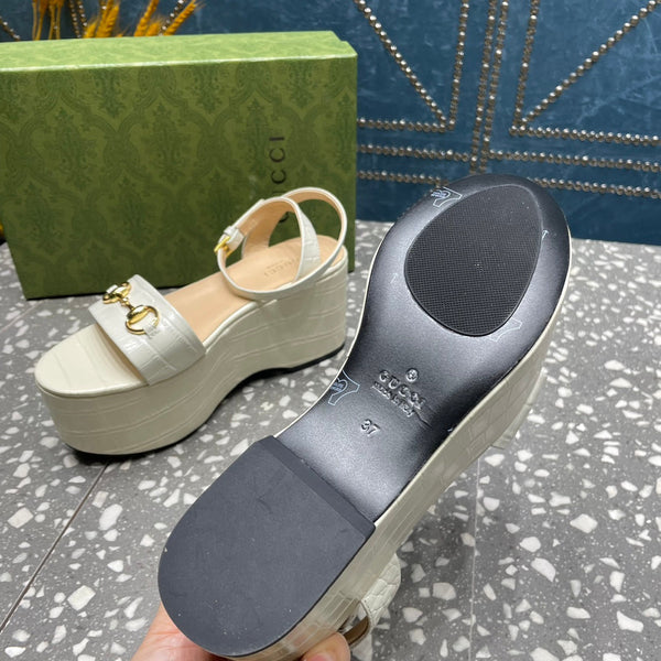 SANDALO FLATFORM GG HORSEBIT IN PELLE DI VITELLO BIANCO LUCIDO