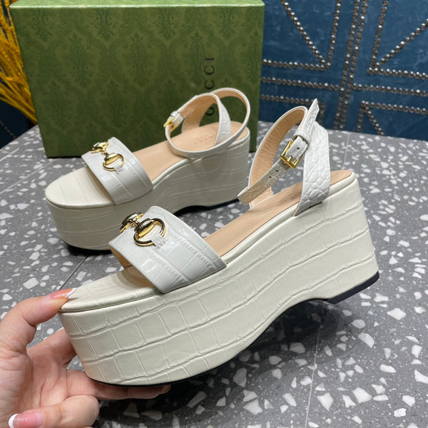 SANDALO FLATFORM GG HORSEBIT IN PELLE DI VITELLO BIANCO LUCIDO