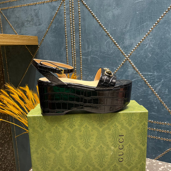 SANDALO FLATFORM GG HORSEBIT IN PELLE DI VITELLO NERA LUCIDA