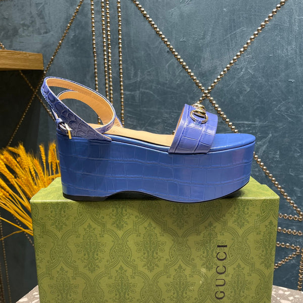 GG  HORSEBIT FLATFORM SANDAL COBALT CALFSKIN