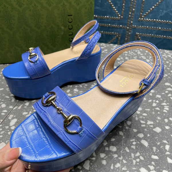 GG  HORSEBIT FLATFORM SANDAL COBALT CALFSKIN