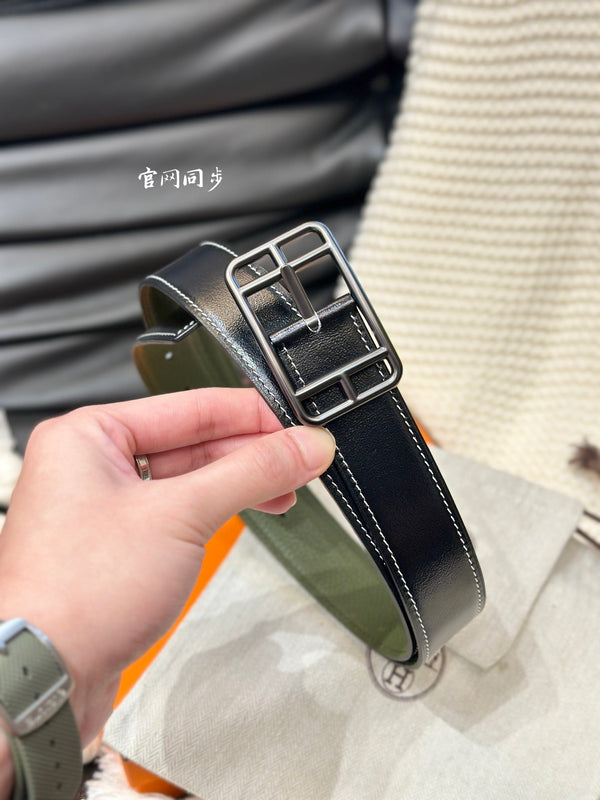 HM-CAPE COD 32MM REVERSIBLE BELT OLIVE GREEN AND BLACK LEATHER BLACK HARDWARE