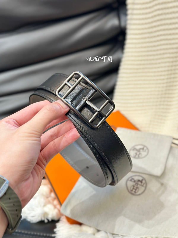 CINTURA REVERSIBILE HM CAPE COD 32MM IN PELLE NERA E MARRONE KAKI, FERRAMENTA NERA