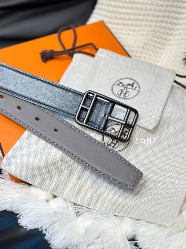 CINTURA REVERSIBILE HM CAPE COD 32MM IN PELLE NERA E MARRONE KAKI, FERRAMENTA NERA