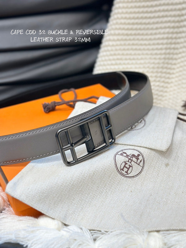 CINTURA REVERSIBILE HM CAPE COD 32MM IN PELLE NERA E MARRONE KAKI, FERRAMENTA NERA