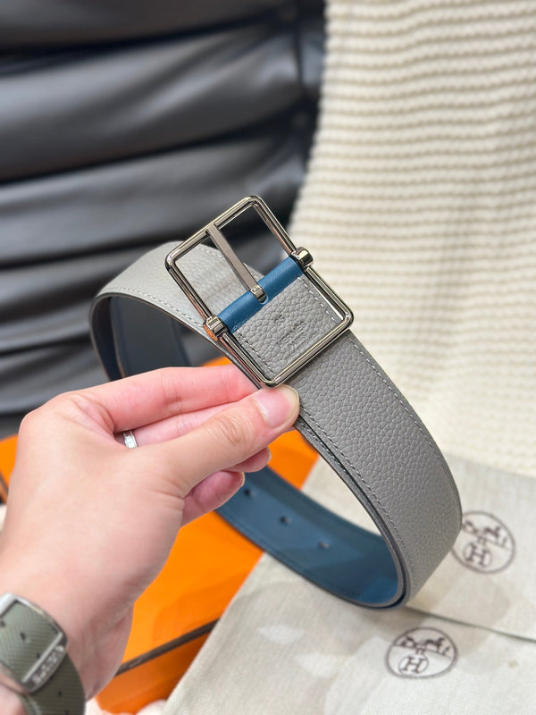 HM HADRIEN 38MM REVERSIBLE BELT GREY AND AEGEAN BLUE LEATHER SILVER BUCKLE