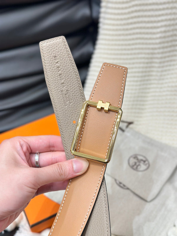 HM TUBE H BELT GOLD BUCKLE & REVERSIBLE HONEY ORANGE LEATHER STRAP 38MM