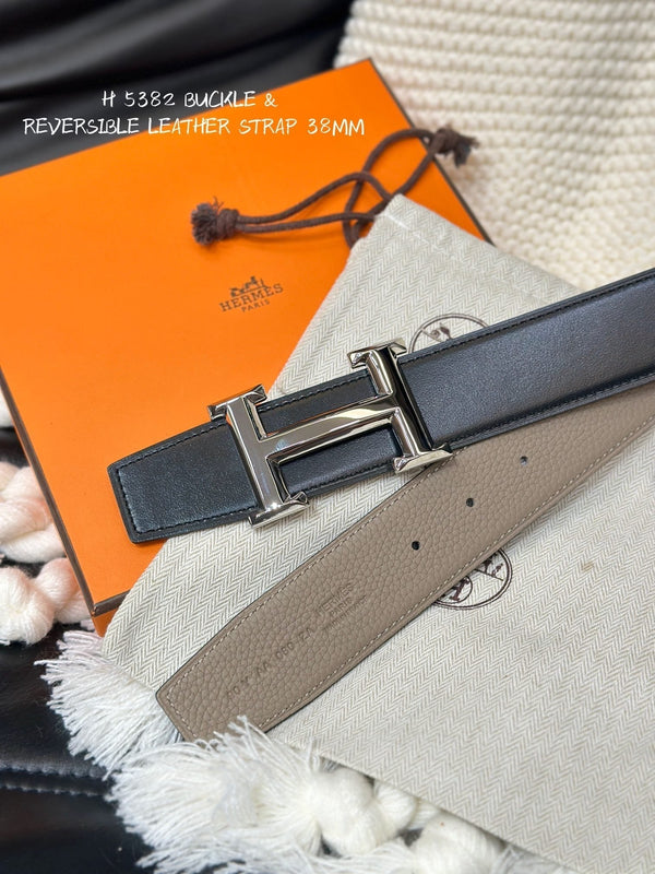 CINTURA HM 5382 CON FIBBIA ARGENTO E CINTURINO REVERSIBILE IN PELLE MARRONE CAMMELLO 38 MM