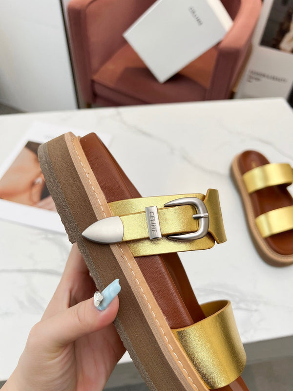 SANDALI A DUE CINTURINI IN VITELLO ORO