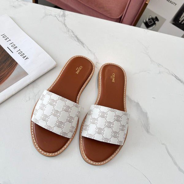 Celine 25C Slippers White Monagram Silk with Calfskin 238145