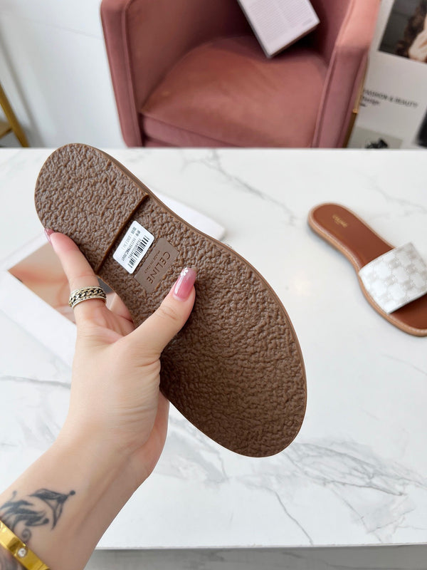 Celine 25C Slippers White Monagram Silk with Calfskin 238145