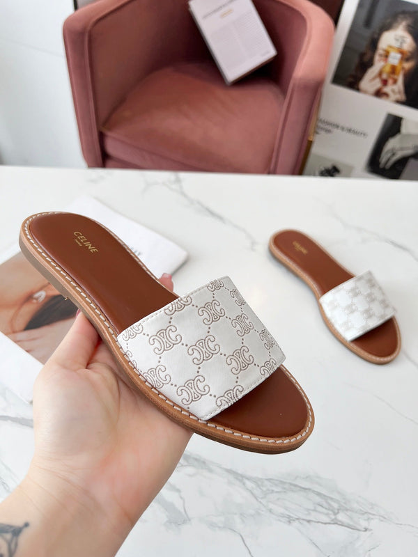 Celine 25C Slippers White Monagram Silk with Calfskin 238145