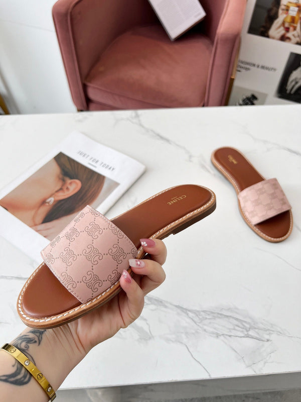 Celine 25C Slippers Pink Pastel Monagram Silk with Calfskin 238146