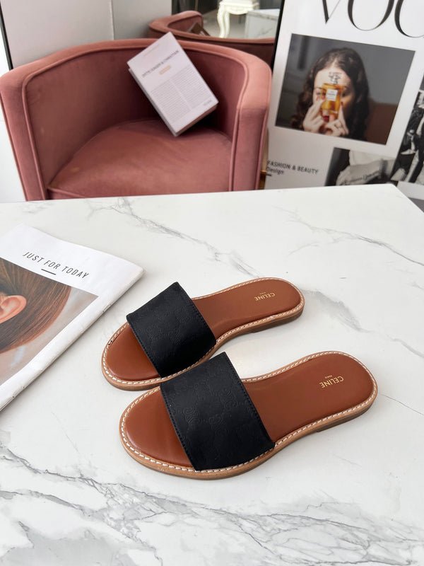 Celine 25C Slippers Black Monagram Silk with Calfskin 238147
