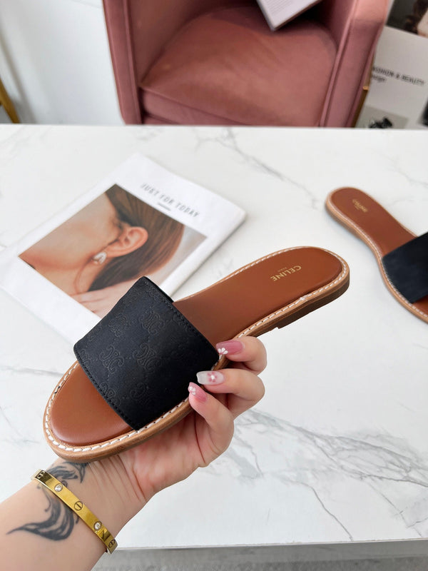 Celine 25C Slippers Black Monagram Silk with Calfskin 238147