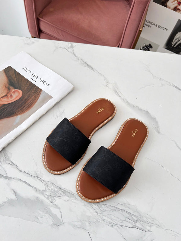 Celine 25C Slippers Black Monagram Silk with Calfskin 238147