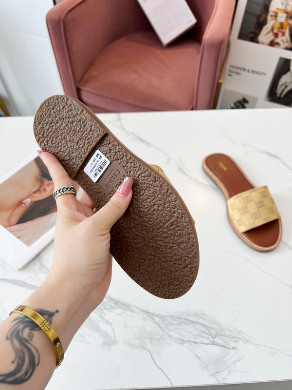 Celine 25C Slippers Egg Nog Monagram Silk with Calfskin 238148