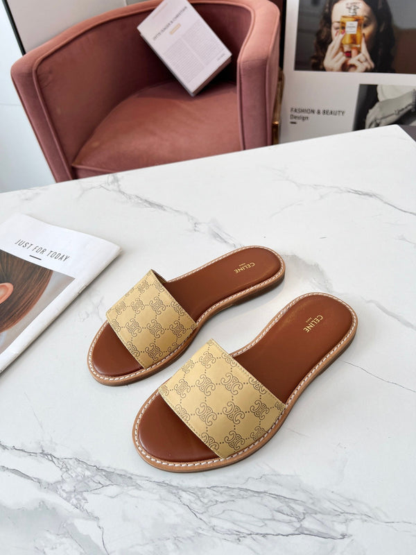 Celine 25C Slippers Egg Nog Monagram Silk with Calfskin 238148