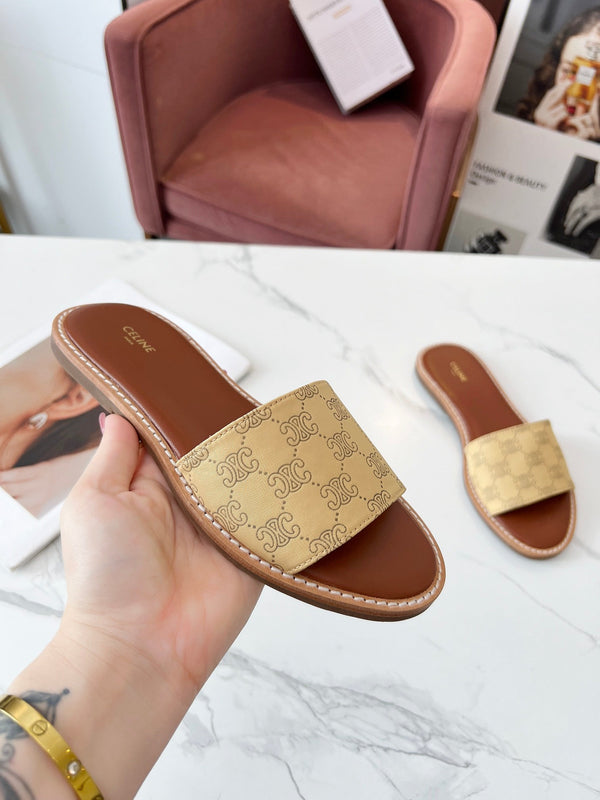 Celine 25C Slippers Egg Nog Monagram Silk with Calfskin 238148