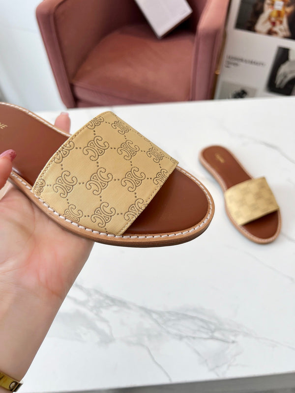 Celine 25C Slippers Egg Nog Monagram Silk with Calfskin 238148