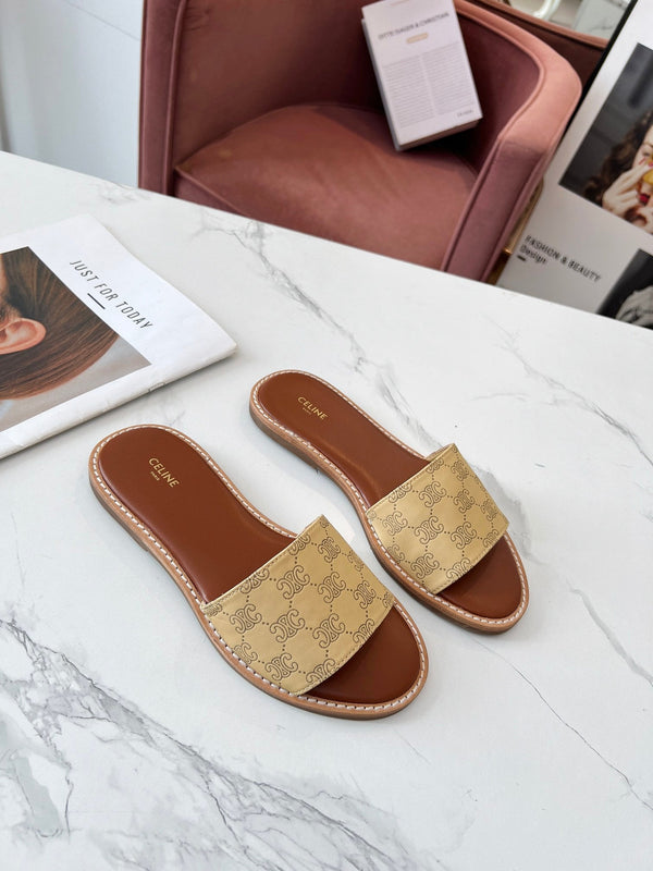 Celine 25C Slippers Egg Nog Monagram Silk with Calfskin 238148