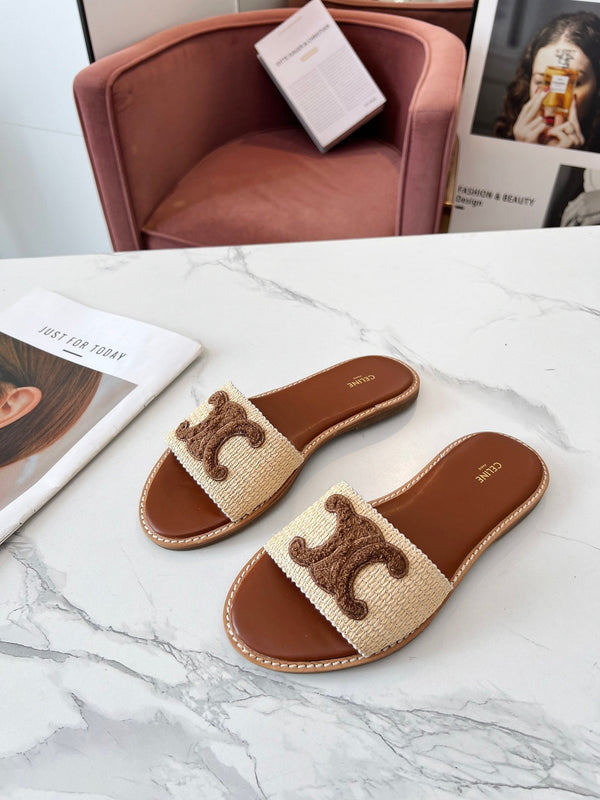 Celine 25C Slippers Beige mix Coffee Fabric with Calfskin 238149