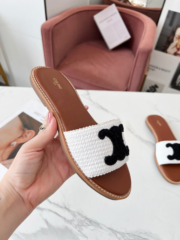 Celine 25C Slippers White mix Black Fabric with Calfskin 238150