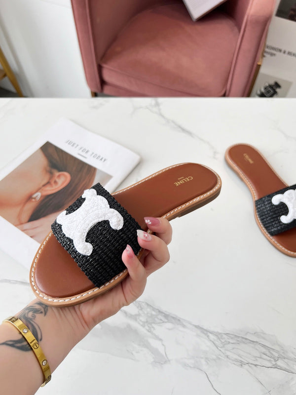 Celine 25C Slippers Black mix White Fabric with Calfskin 238151