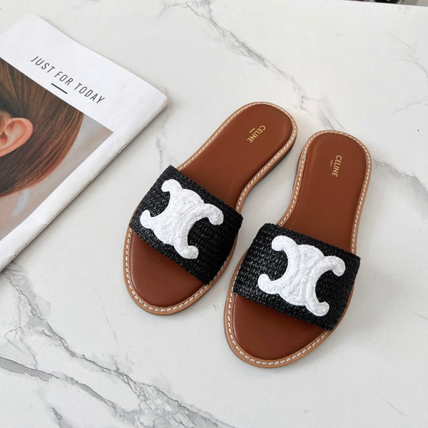 Celine 25C Slippers Black mix White Fabric with Calfskin 238151