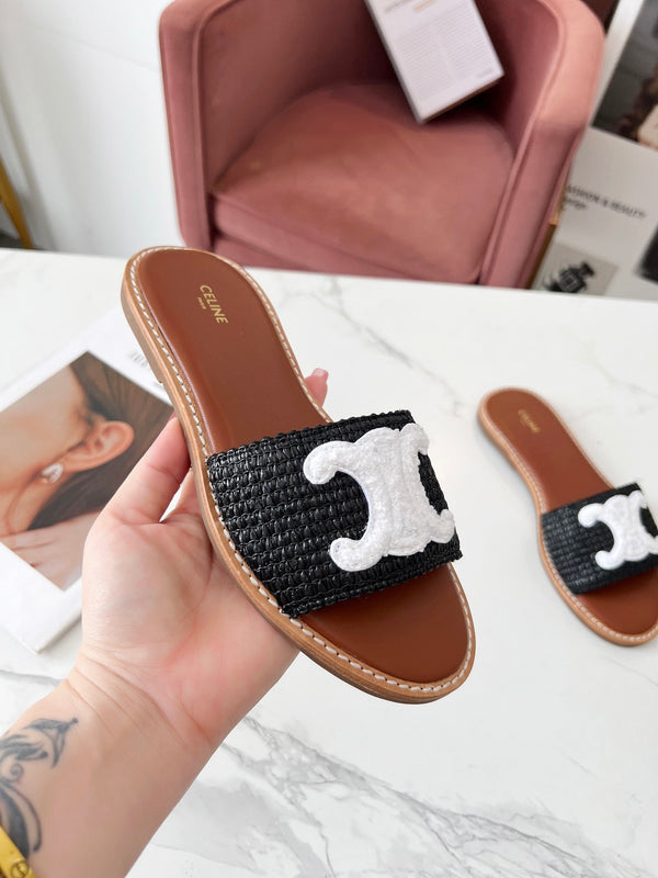 Celine 25C Slippers Black mix White Fabric with Calfskin 238151