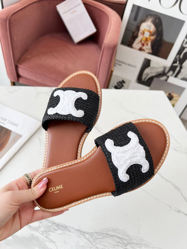 Celine 25C Slippers Black mix White Fabric with Calfskin 238151