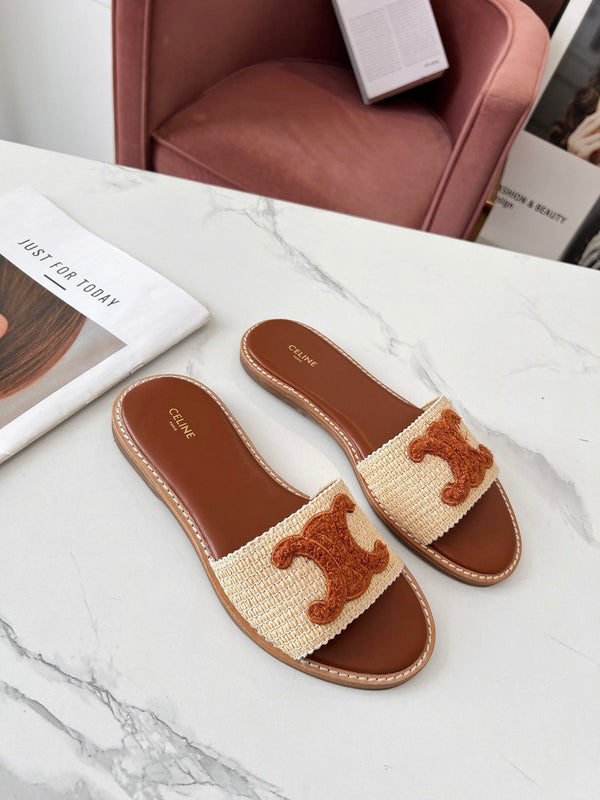 Celine 25C Slippers Beige mix Brown Fabric with Calfskin 238152