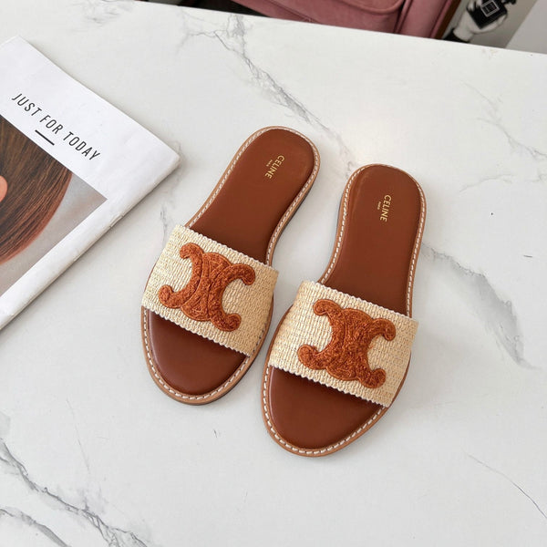 Celine 25C Slippers Beige mix Brown Fabric with Calfskin 238152