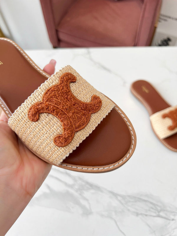 Celine 25C Slippers Beige mix Brown Fabric with Calfskin 238152