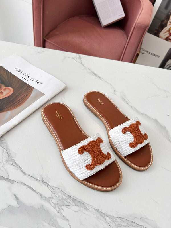 Celine 25C Slippers White mix Brown Fabric with Calfskin 238153