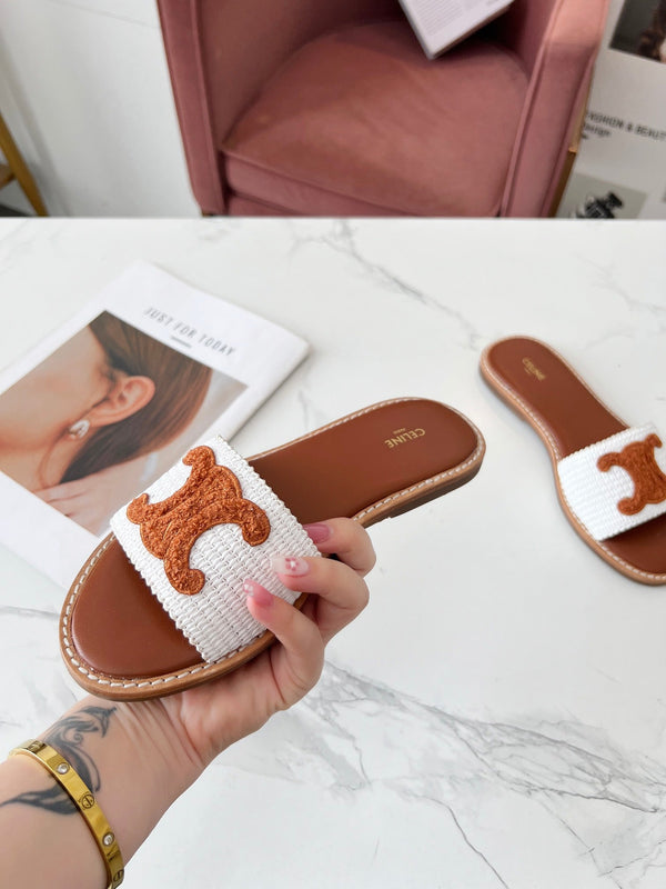 Celine 25C Slippers White mix Brown Fabric with Calfskin 238153