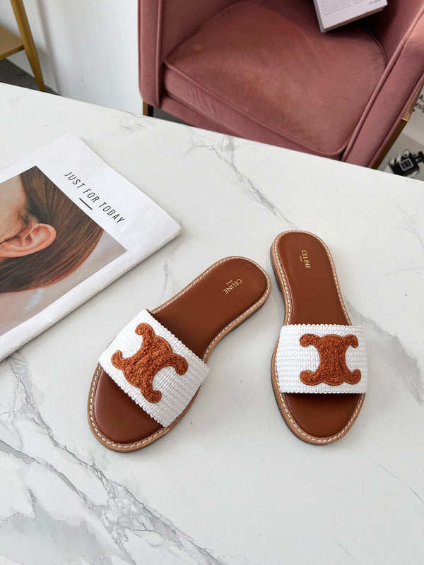Celine 25C Slippers White mix Brown Fabric with Calfskin 238153