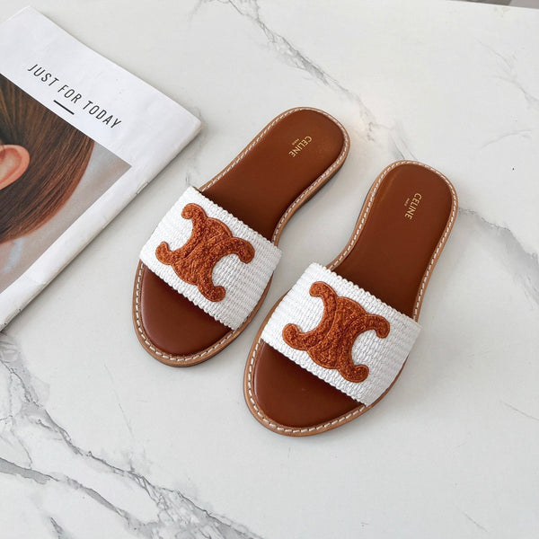 Celine 25C Slippers White mix Brown Fabric with Calfskin 238153